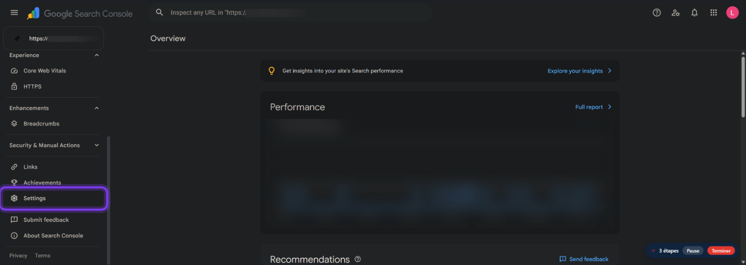 Ajouter un utilisateur à la Google Search Console 2 Cliquez sur « paramètres »