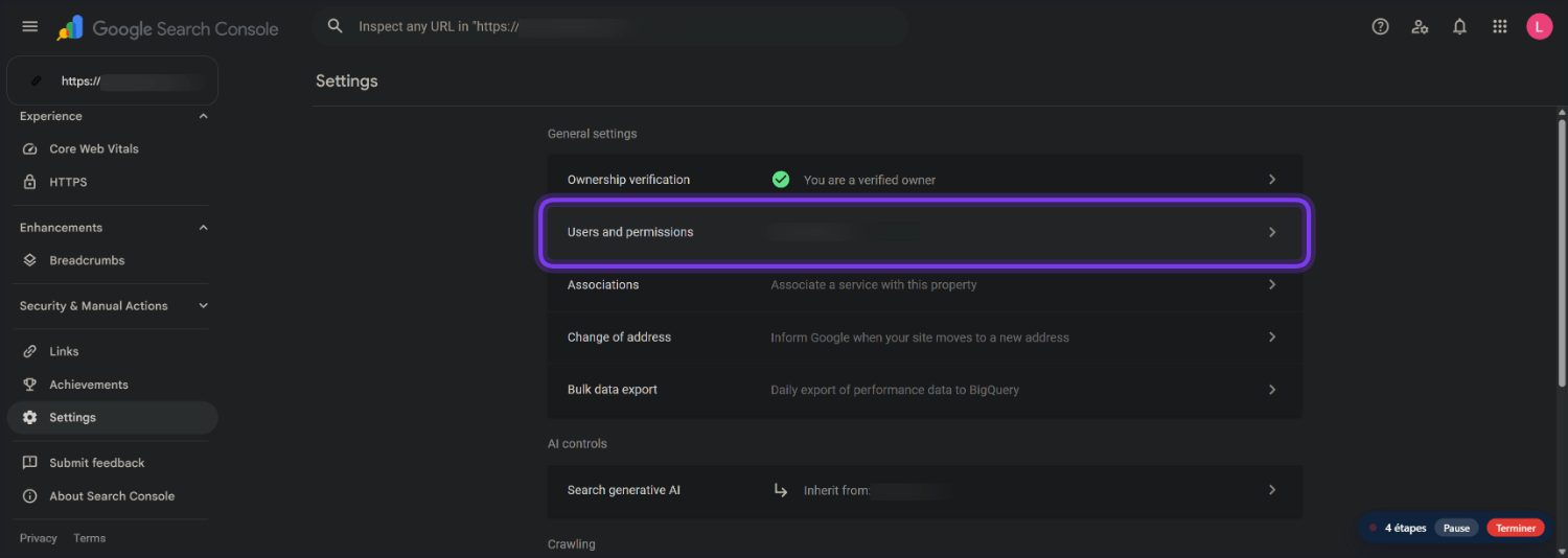Ajouter un utilisateur à la Google Search Console 3 Cliquez sur «Permissions et utilisateurs »