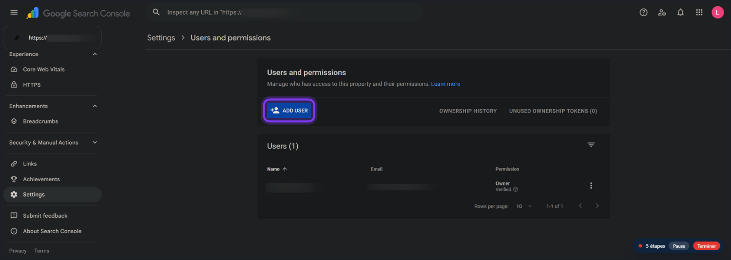 Ajouter un utilisateur à la Google Search Console 4 Cliquez sur « Ajouter un utilisateur »