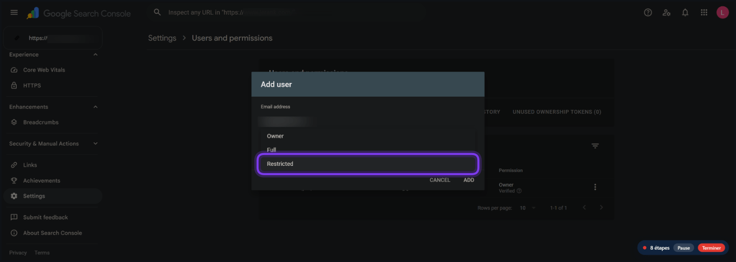 Ajouter un utilisateur à la Google Search Console 5 Entrez l'adresse email du nouvel utilisateur.