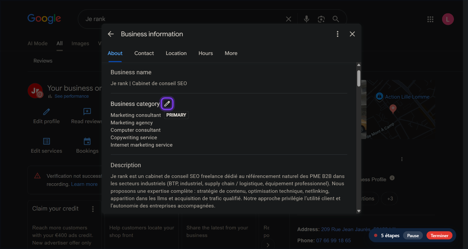 Cliquez sur « Edit Business category »